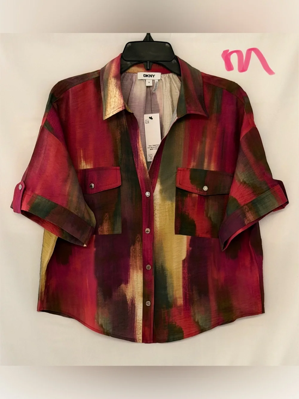 DKNY Women’s Short-Sleeve Button-Down Shirt in Red, Green, Gold Brushstroke